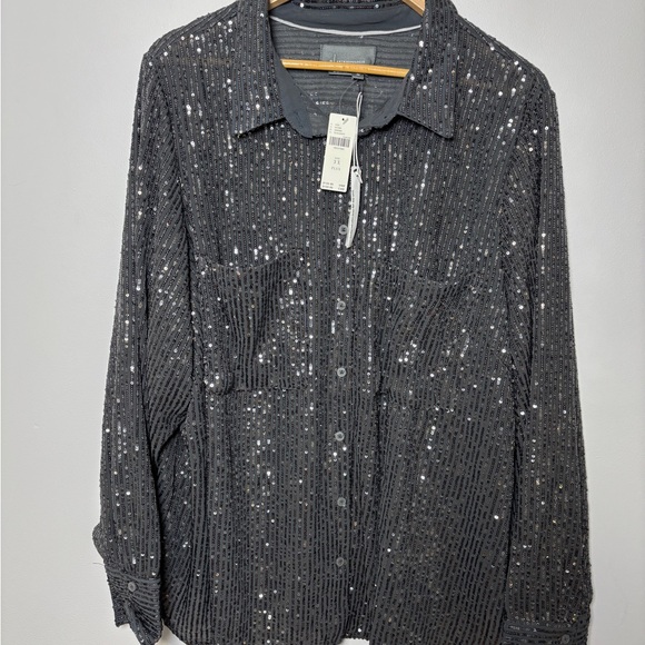 Anthropologie Remie Sequin Button Front Shirt Blouse Silver Top size 3X NWT - Picture 2 of 4